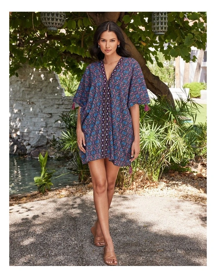 Printed Cotton Caftan Beach Coverup in Multi image 3