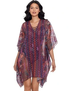 Dynasty Sheer Chiffon Caftan Beach Cover Up in Multi