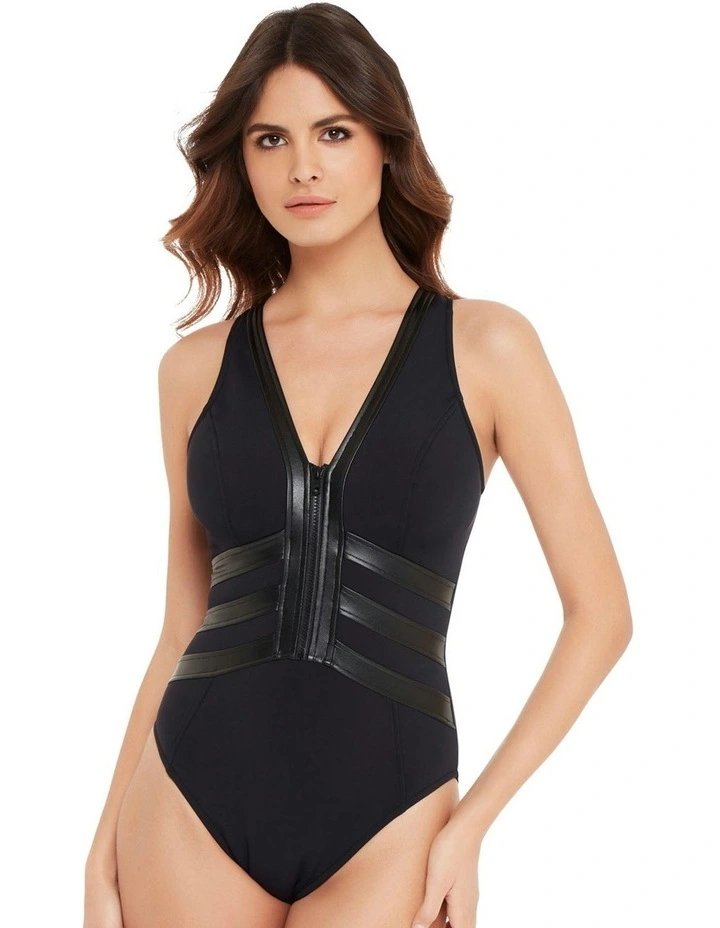 Moto Chic Sean Racerback Zip Front Shaping Swimsuit in Black image 1