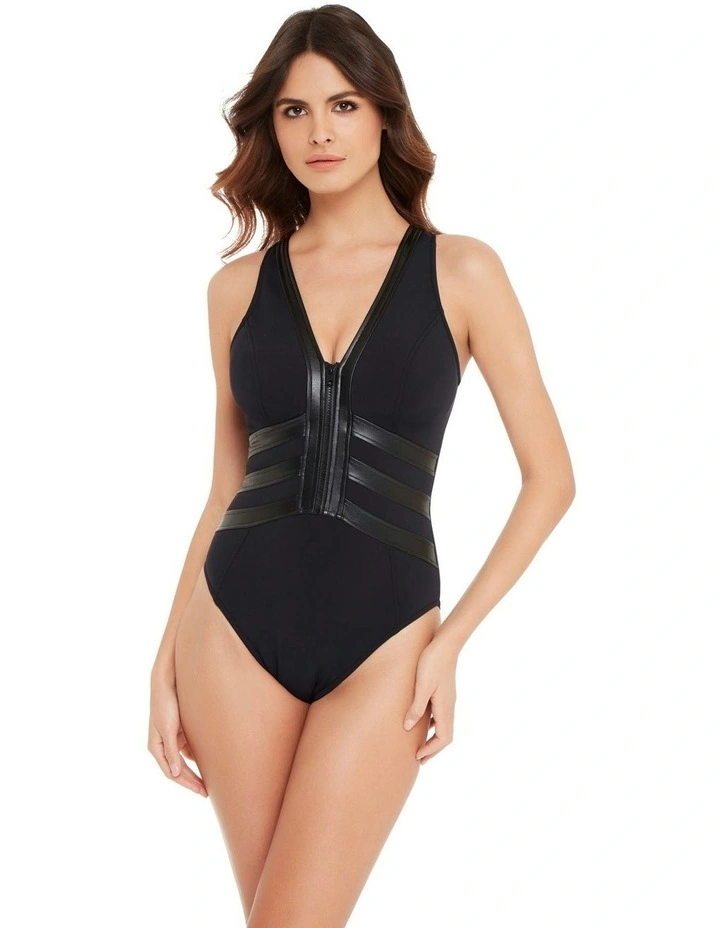 Moto Chic Sean Racerback Zip Front Shaping Swimsuit in Black image 4