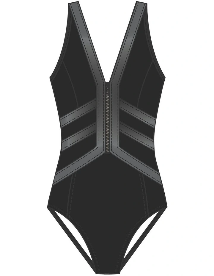 Moto Chic Sean Racerback Zip Front Shaping Swimsuit in Black image 6