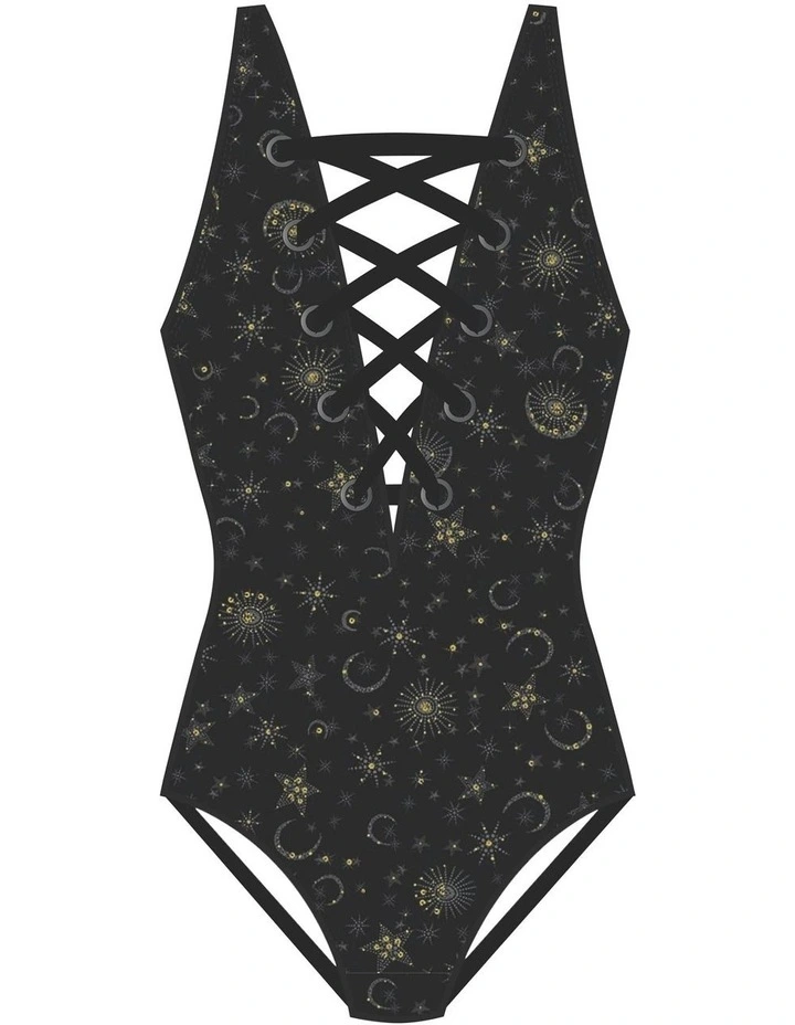 Lucky Stars Steffi Lace Up Plunge One Piece Shaping Swimsuit in Black/Gold image 6