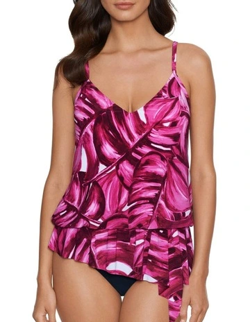 Camille Asymmetrical Draped Tankini Top in White/Pink Multi