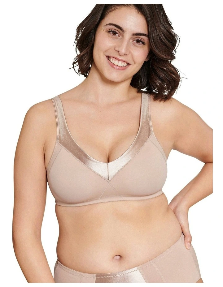 Satin Trim Seamless Wirefree Minimiser Bra in Light Beige image 3