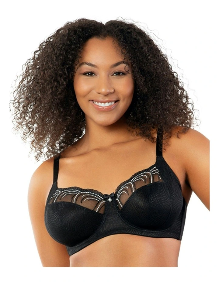 Pearl Wired Unlined Full Bust Bra With Embroidery in Black image 1