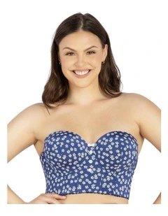 Dolly Strapless Longline Denim Bustier Bra in Blue Daisy