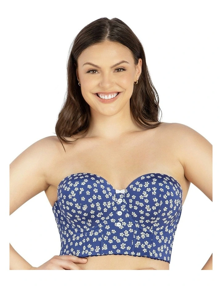 Dolly Strapless Longline Denim Bustier Bra in Blue Daisy image 1