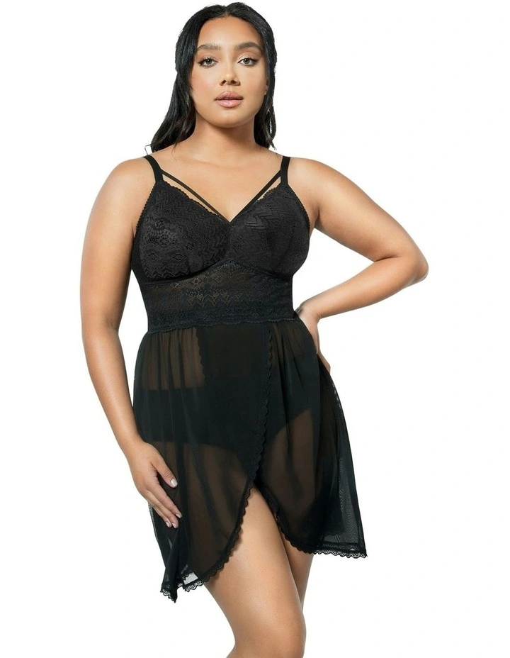 Mia Lace & Mesh Padded Full Bust Chemise in Black image 1