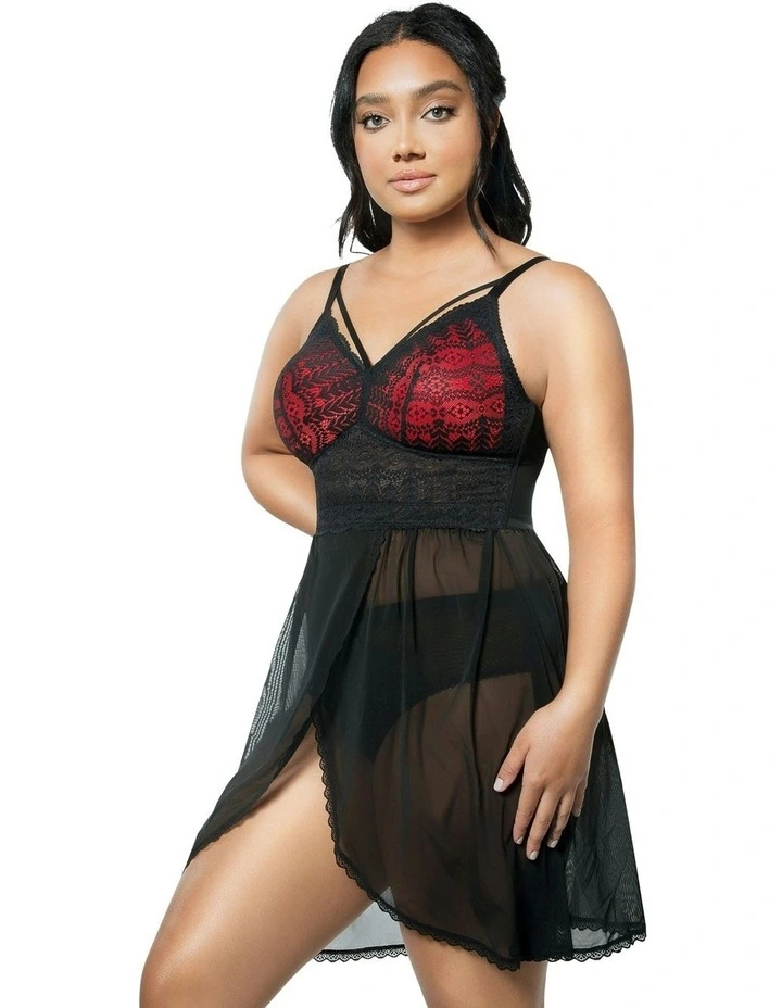 Mia Lace & Mesh Padded Full Bust Chemise in Black image 3