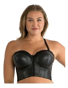 Stevie Faux Leather Longline Bustier Bra Top in Black