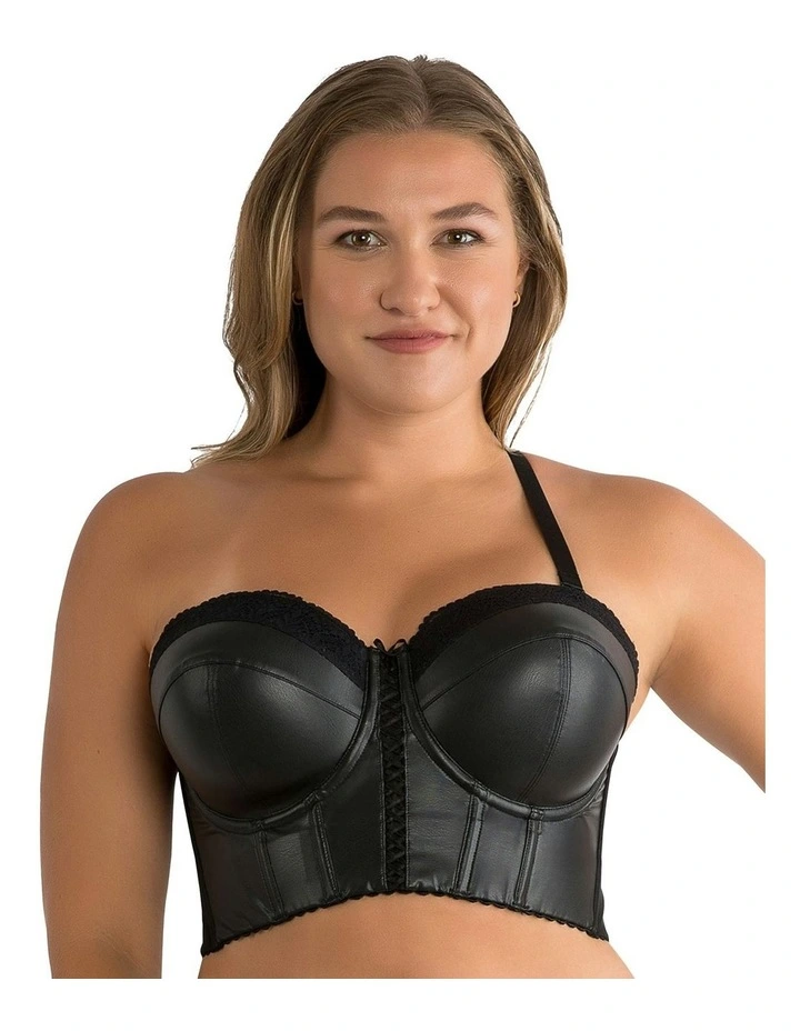 Stevie Faux Leather Longline Bustier Bra Top in Black image 1