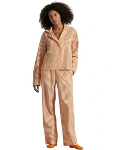 Shirting Stripes Cotton Long Sleeve Button Down Pyjama Set in Tangerine
