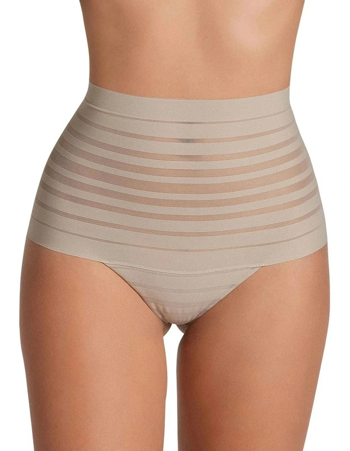 Sheer Stripe Tummy Compression High Waist Thong in Nude image 1