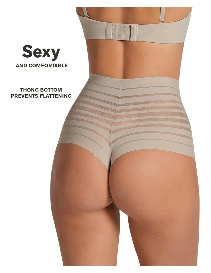 Sheer Stripe Tummy Compression High Waist Thong in Nude image 3