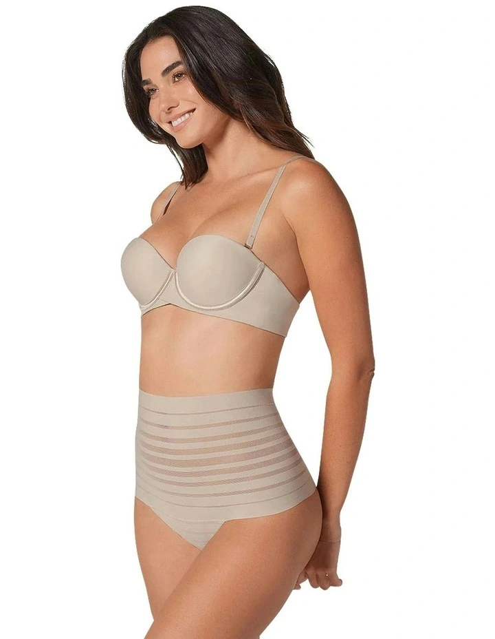 Sheer Stripe Tummy Compression High Waist Thong in Nude image 5