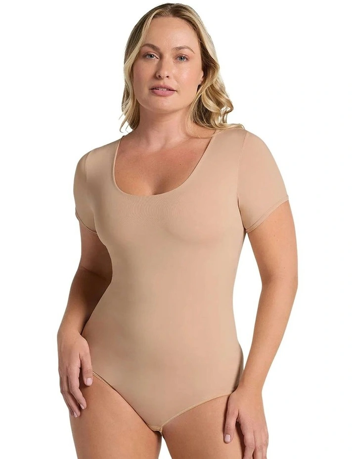 Essential Boldly Short Sleeve Shaping Tummy Control Bodysuit in Golden Beige image 1