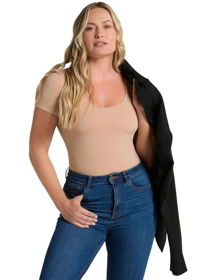 Essential Boldly Short Sleeve Shaping Tummy Control Bodysuit in Golden Beige image 3