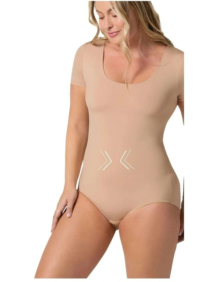 Essential Boldly Short Sleeve Shaping Tummy Control Bodysuit in Golden Beige image 4