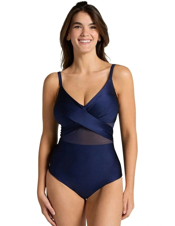 Draped Crossover Padded One-Piece Shaping Swimsuit in Navy image 4