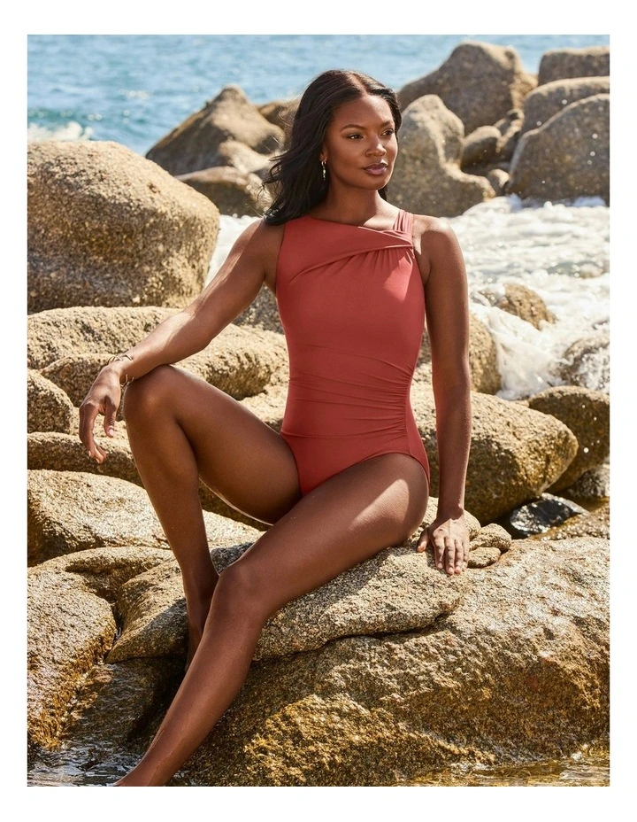 High Neck One Piece Shaping Swimsuit in Brown image 3