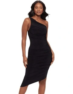 Jeni Midi One Shoulder Asymmetric Shaping Dress in Black