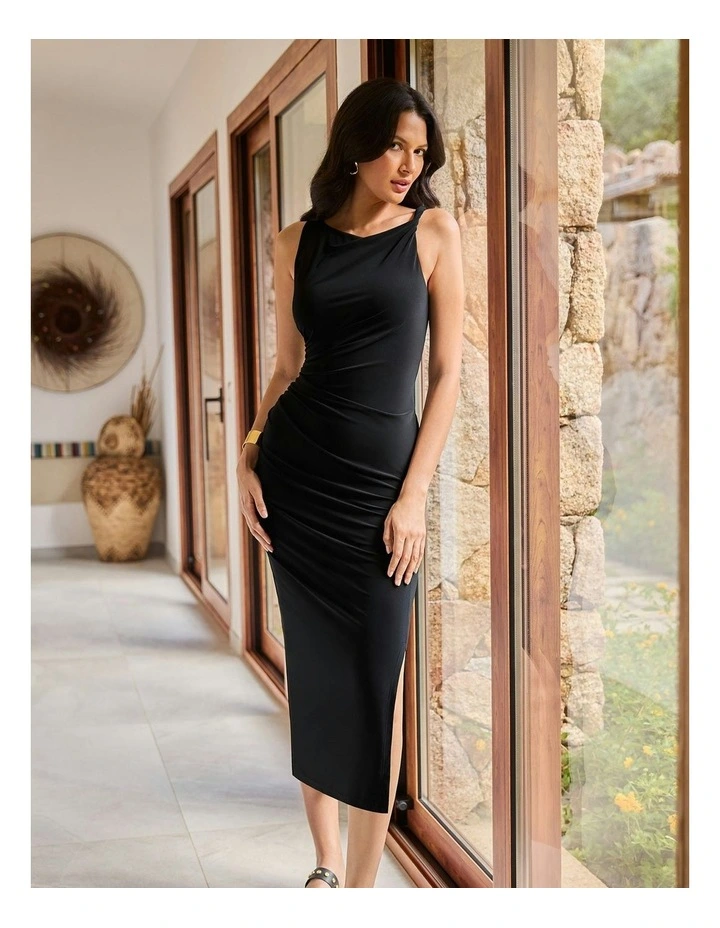 Midi Bodycon Shaping Dress With Side Slit in Black image 3