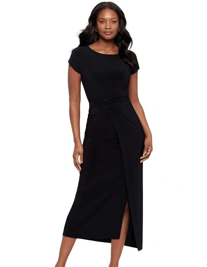 Loki Cinched Wrap Waist Midi Shaping Dress in Black image 1