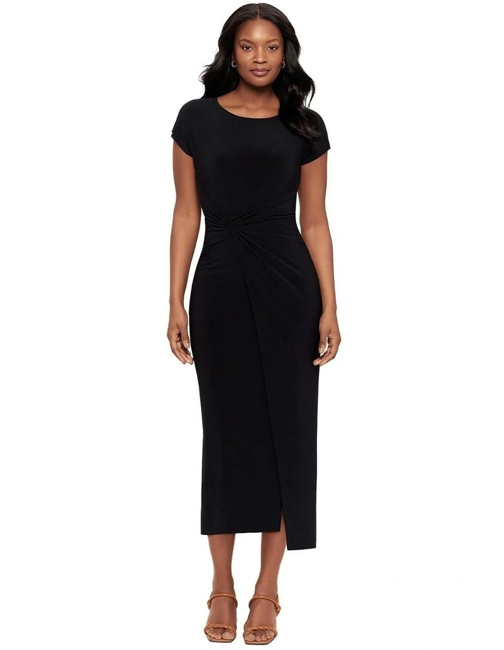 Loki Cinched Wrap Waist Midi Shaping Dress in Black image 5
