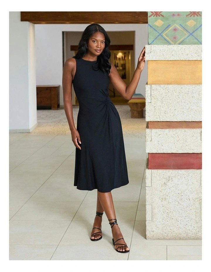 Remi Fit and Flair Gathered Waist Shaping Dress in Black image 3
