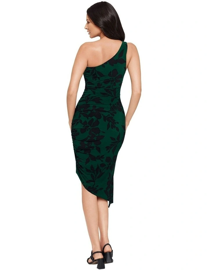 Petalos Print Jeni Midi One Shoulder Asymmetric Shaping Dress in Black Multi image 2