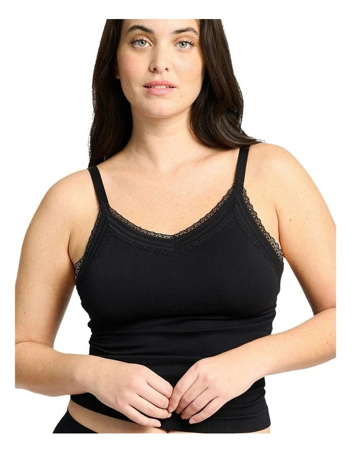Agathe Ribbed Lace Trim V Neck Lingerie Camisole in Black image 1