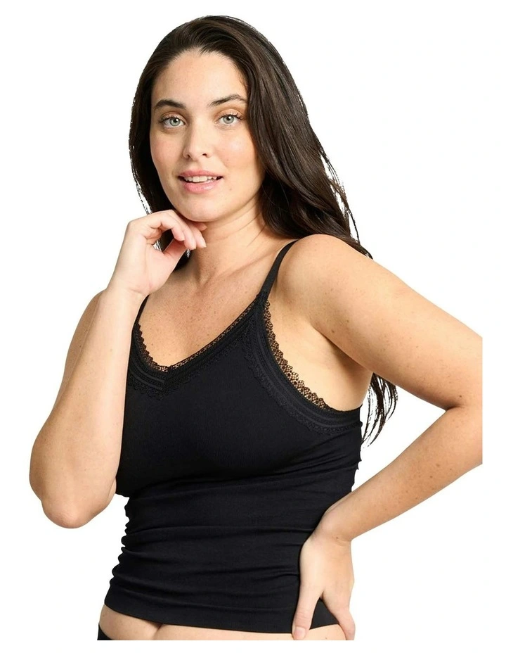 Agathe Ribbed Lace Trim V Neck Lingerie Camisole in Black image 3