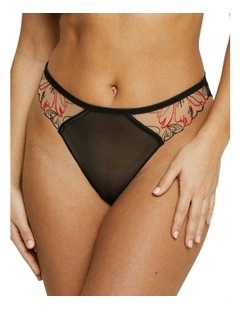 Alberta Sheer Mesh Tanga Brief with Embroidery in Black & Poppy Red