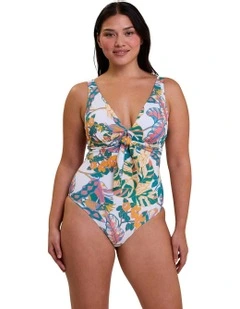 Fidji Knot Detail V Neck One-Piece Swimsuit in White Exotic Print