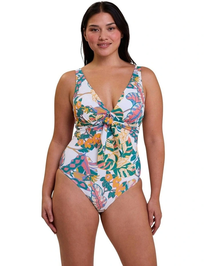 Fidji Knot Detail V Neck One-Piece Swimsuit in White Exotic Print image 1