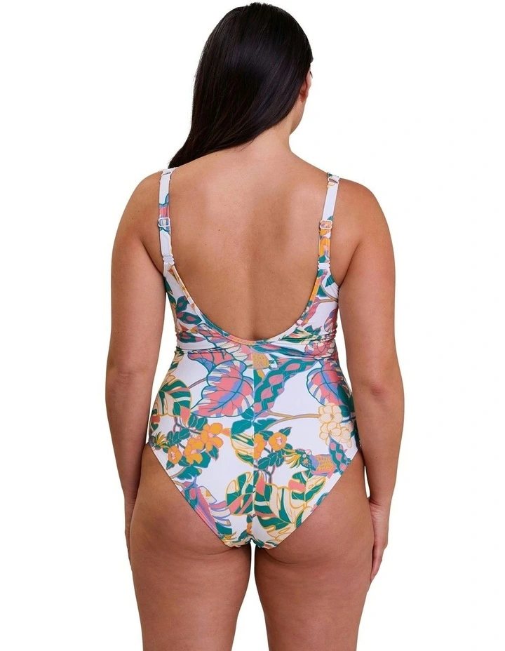 Fidji Knot Detail V Neck One-Piece Swimsuit in White Exotic Print image 2