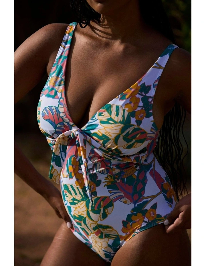 Fidji Knot Detail V Neck One-Piece Swimsuit in White Exotic Print image 3