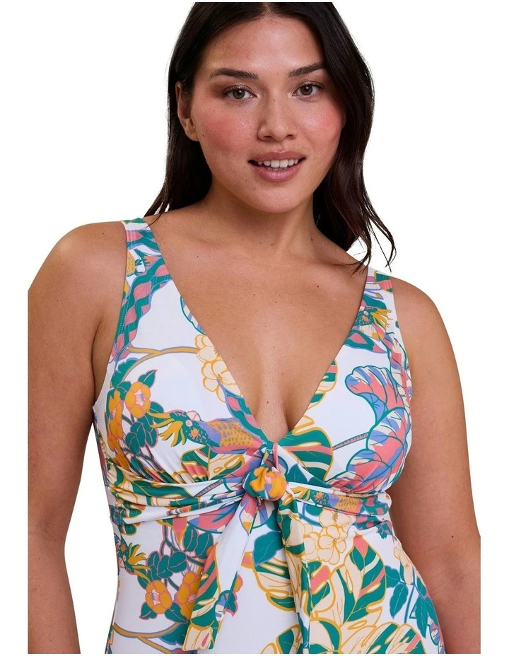 Fidji Knot Detail V Neck One-Piece Swimsuit in White Exotic Print image 5