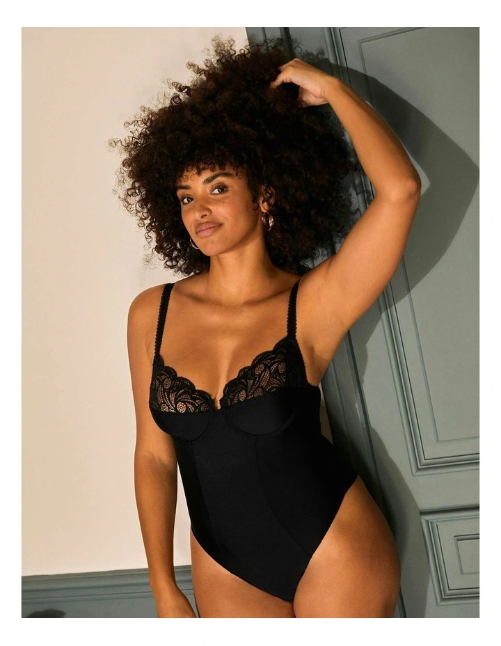 Ariane Underwire Thong Bodysuit with Lace in Black image 3