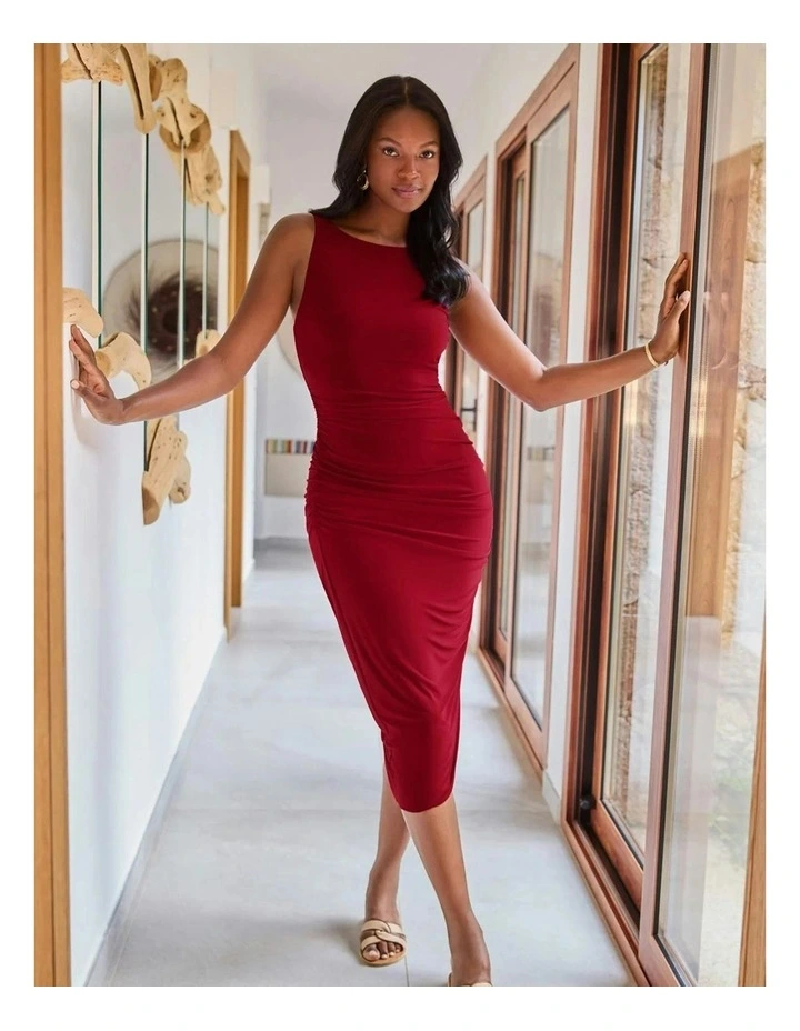 Regi Bodycon Sleeveless Midi Shaping Dress in Red image 3