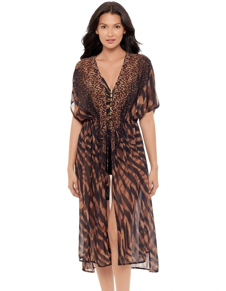 Raya de Safari Sheer Beach Cover Up Kimono in Black/Brown image 1