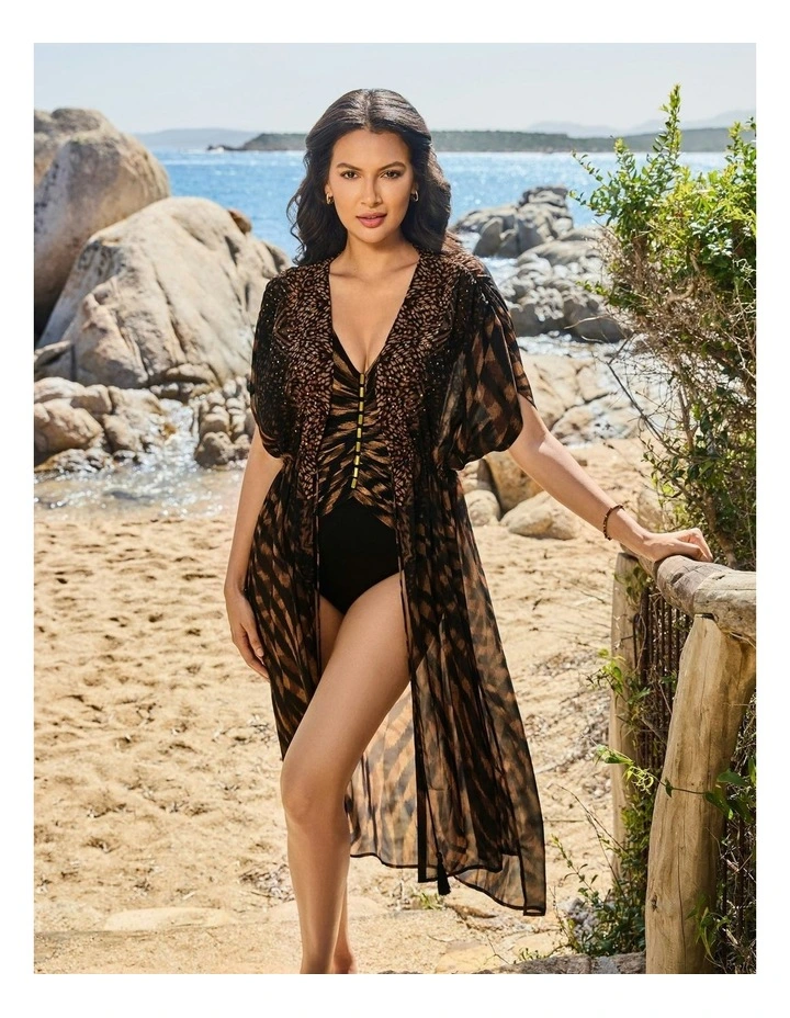 Raya de Safari Sheer Beach Cover Up Kimono in Black/Brown image 3