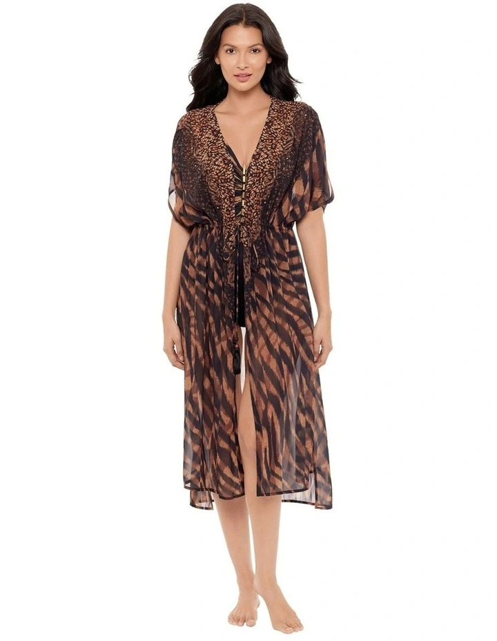 Raya de Safari Sheer Beach Cover Up Kimono in Black/Brown image 4