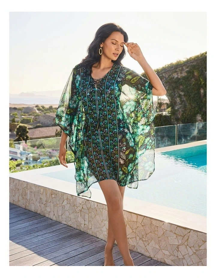 Florica Sheer Chiffon Caftan Beach Cover Up in Black Multi image 3