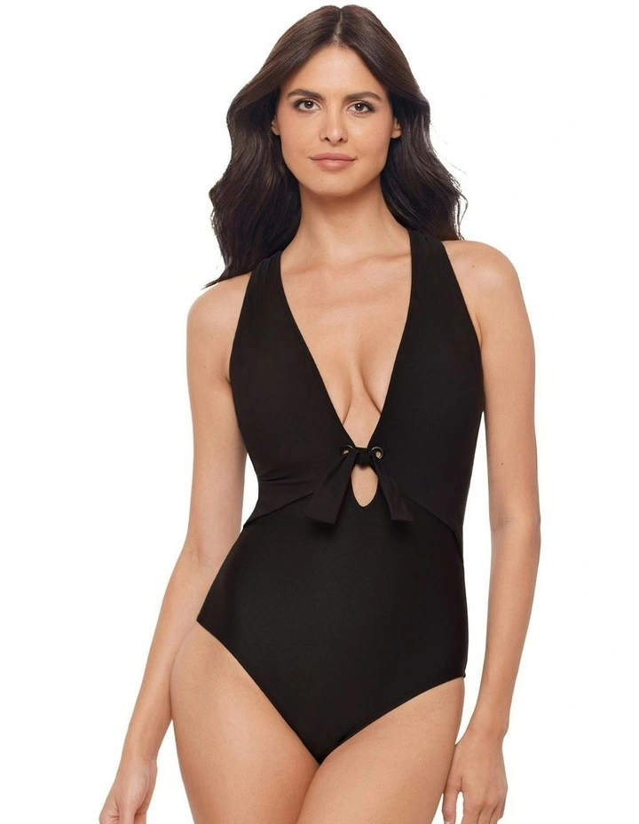 Halle Plunge Tie Front Shaping One-Piece Swimsuit in Black image 1