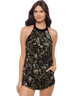 Balinese Piper Shaping Underwired Halter Swim Romper in Black Multi