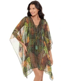 Sunset Islet Sheer Chiffon Caftan Beach Cover Up in Black Multi