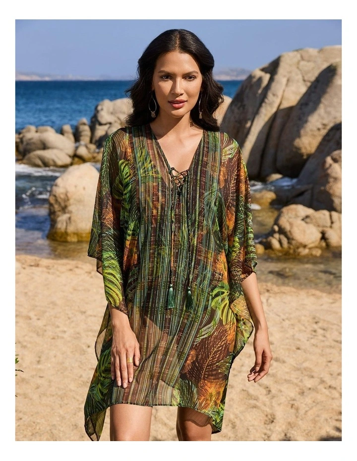 Sunset Islet Sheer Chiffon Caftan Beach Cover Up in Black Multi image 3