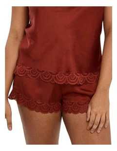 Charming Silky Satin Pyjama Shorts With Lace in Red