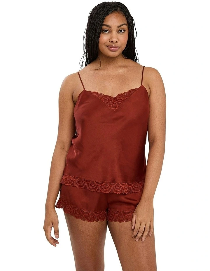 Charming Silky Satin Pyjama Shorts With Lace in Red image 5